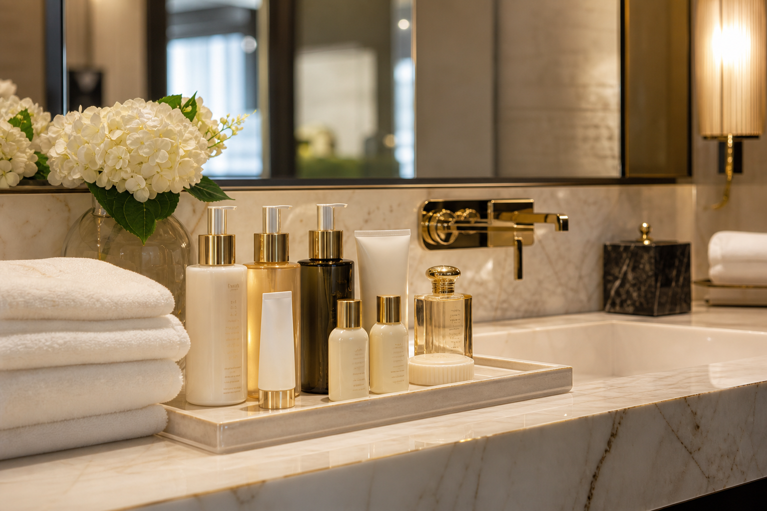Luxury hotel bathroom vanity with premium toiletries, skincare bottles, and folded towels