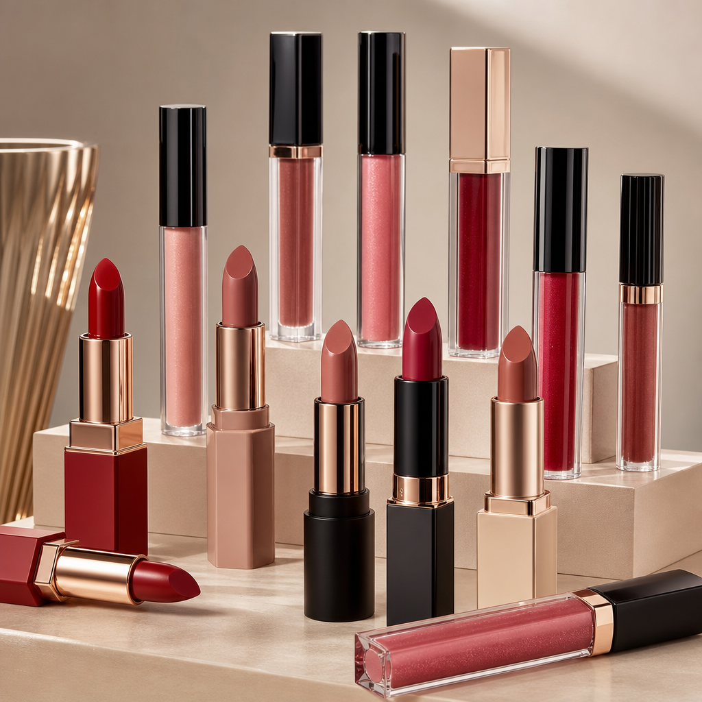 Assorted lipstick bullets and gloss tubes in rich reds, nudes, and rose tones