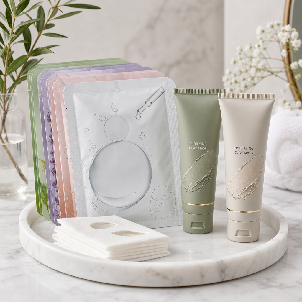 Sheet masks and clay mask tubes arranged on a marble tray with botanical accents