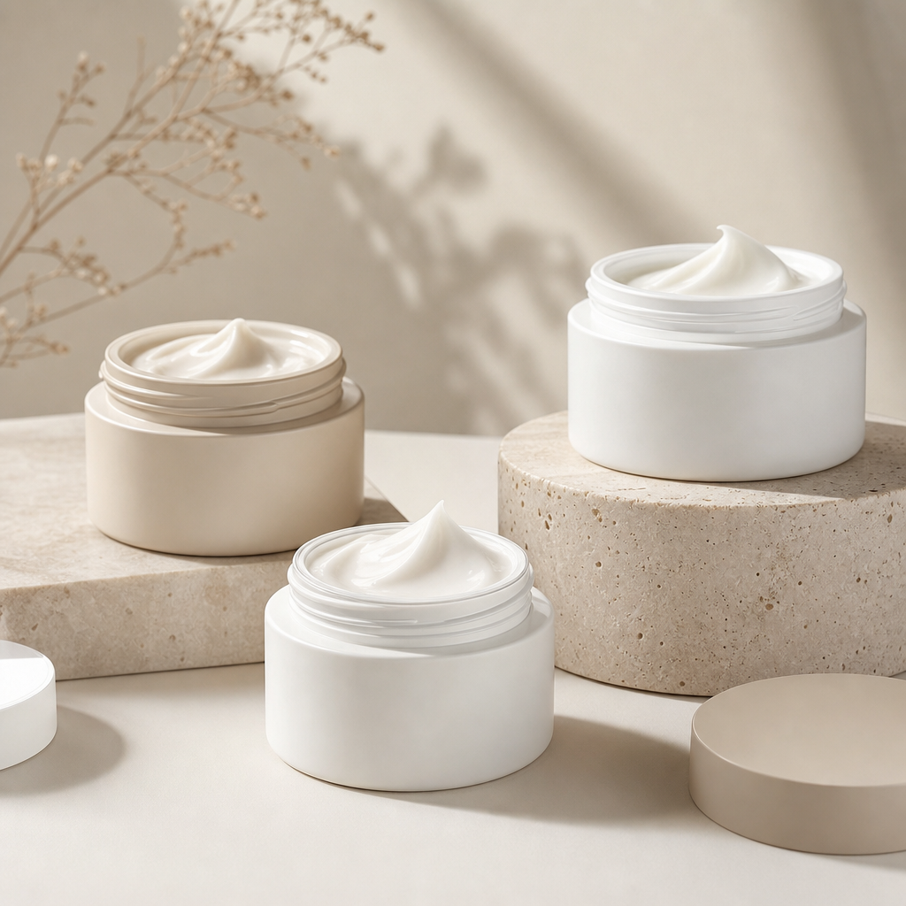 Minimalist jars of moisturizers in matte white and pearl beige with soft cream textures