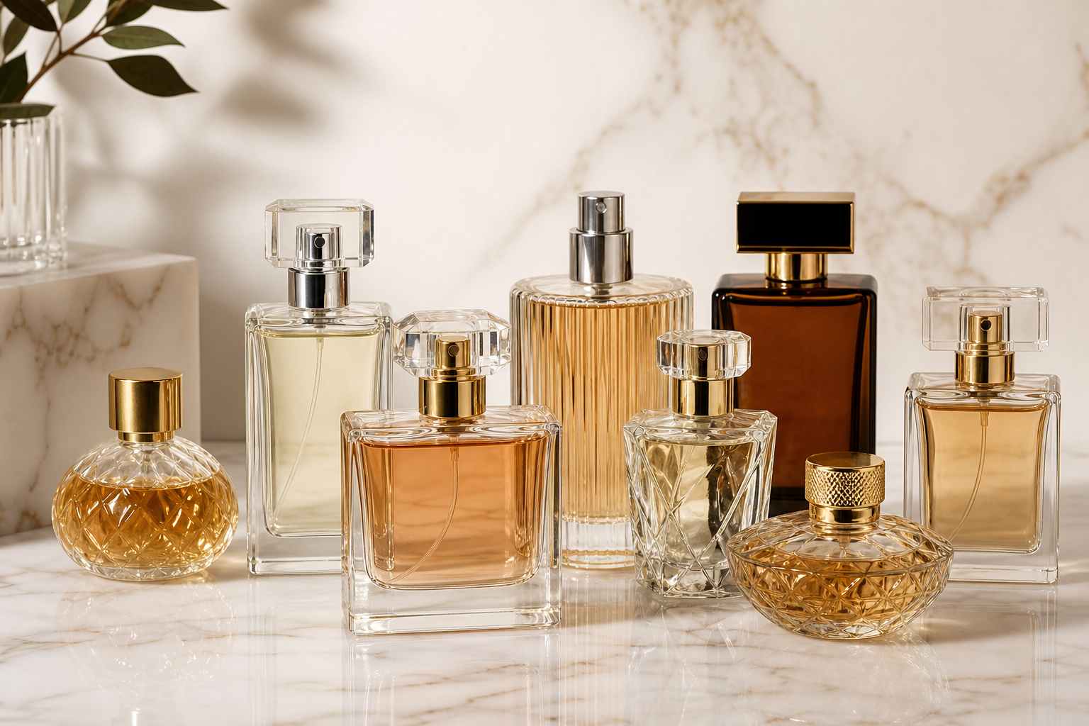 Luxury perfume bottles and atomizers arranged on a marble counter with soft studio lighting