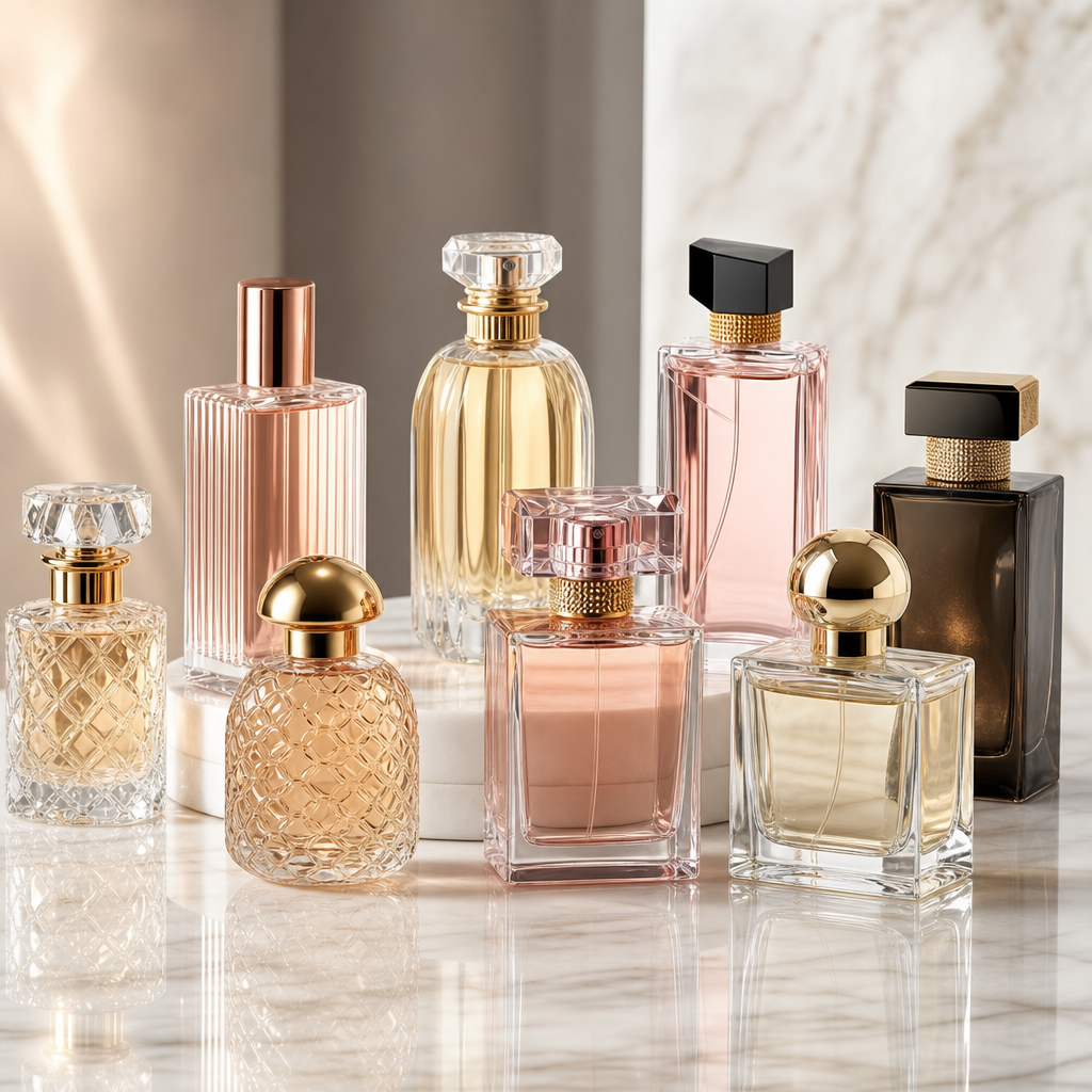 Premium glass perfume bottles arranged on a marble counter with soft reflections