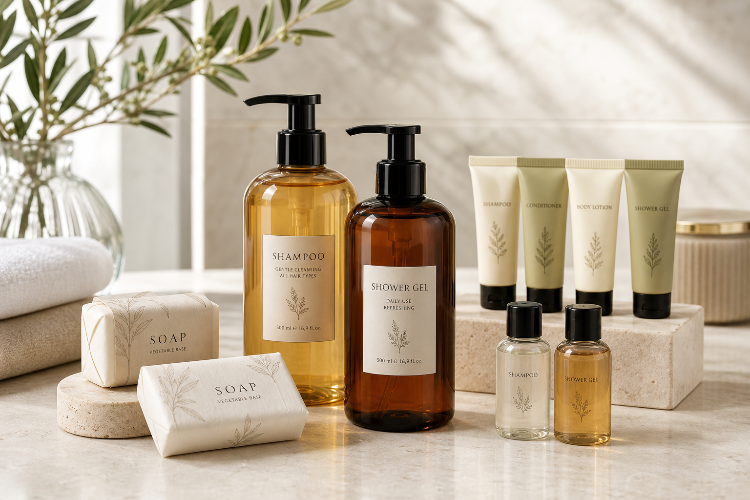 Premium personal care wholesale assortment with shampoo, shower gel, soap bars, and travel-size toiletries arranged on a neutral counter
