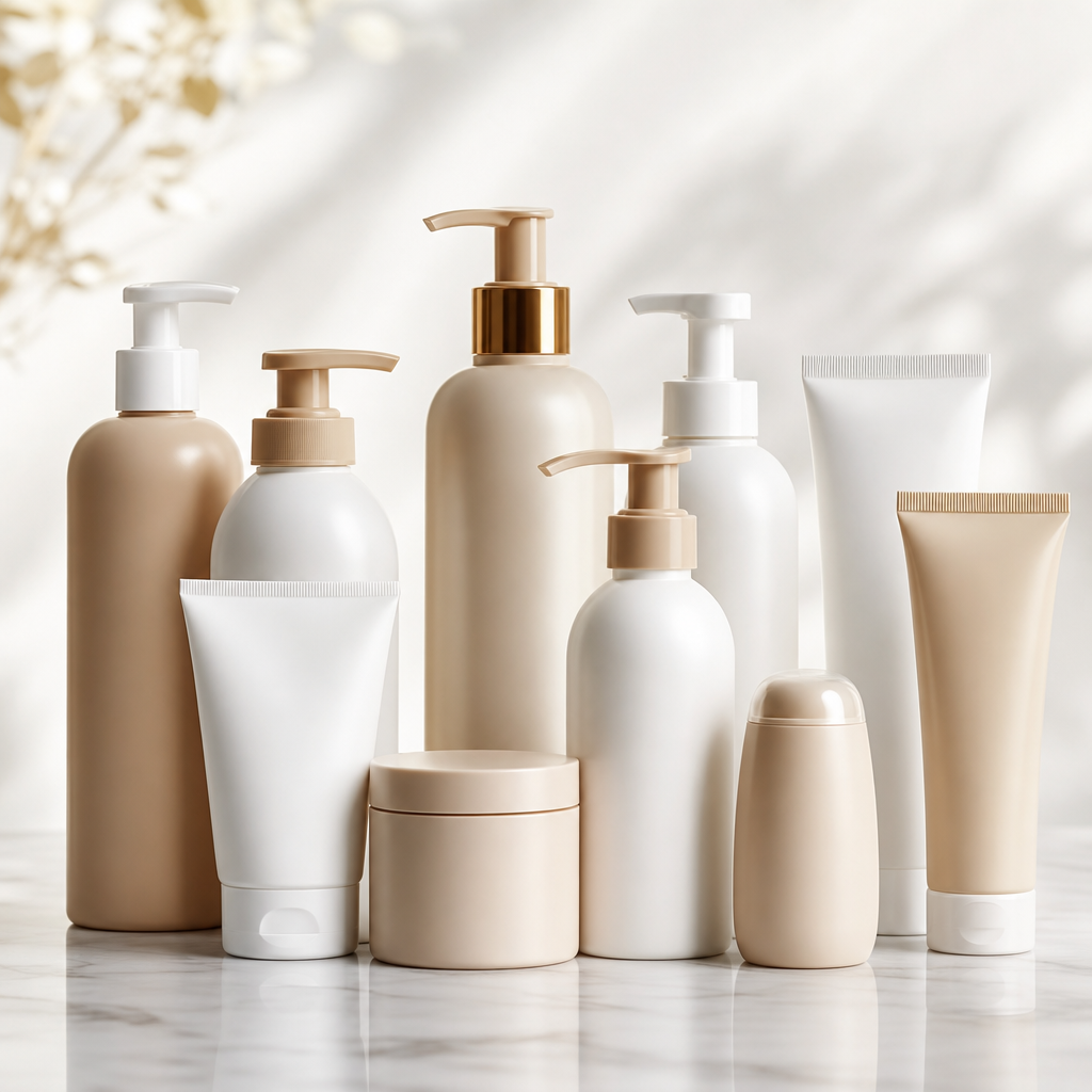 Personal care bottles with pumps and tubes in neutral tones on a bright background