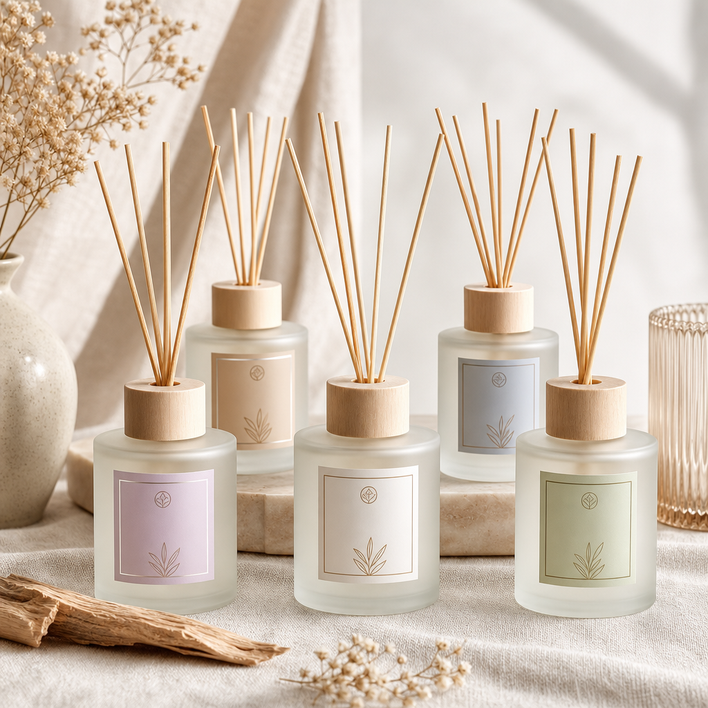 Assortment of reed diffusers with frosted glass bottles and natural reeds
