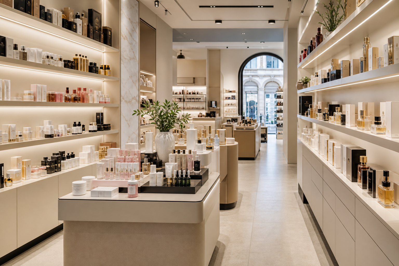 Modern Italian beauty retail store shelves with premium cosmetics and skincare displays