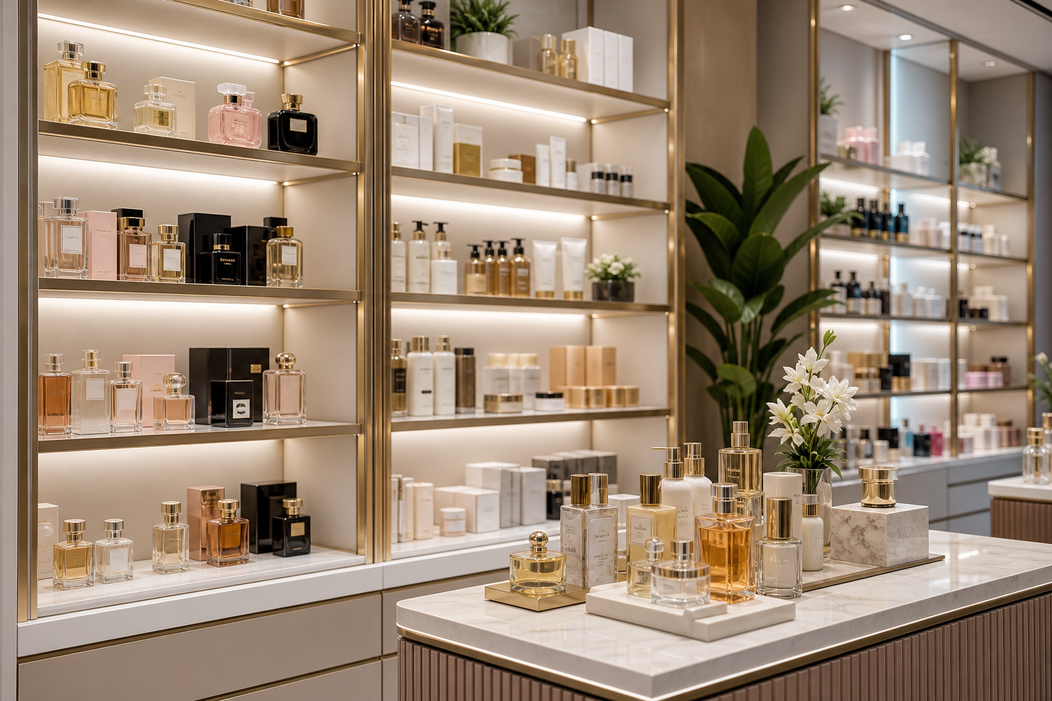 Elegant beauty retail shelving with perfumes, skincare bottles, and neatly arranged cosmetics under warm boutique lighting