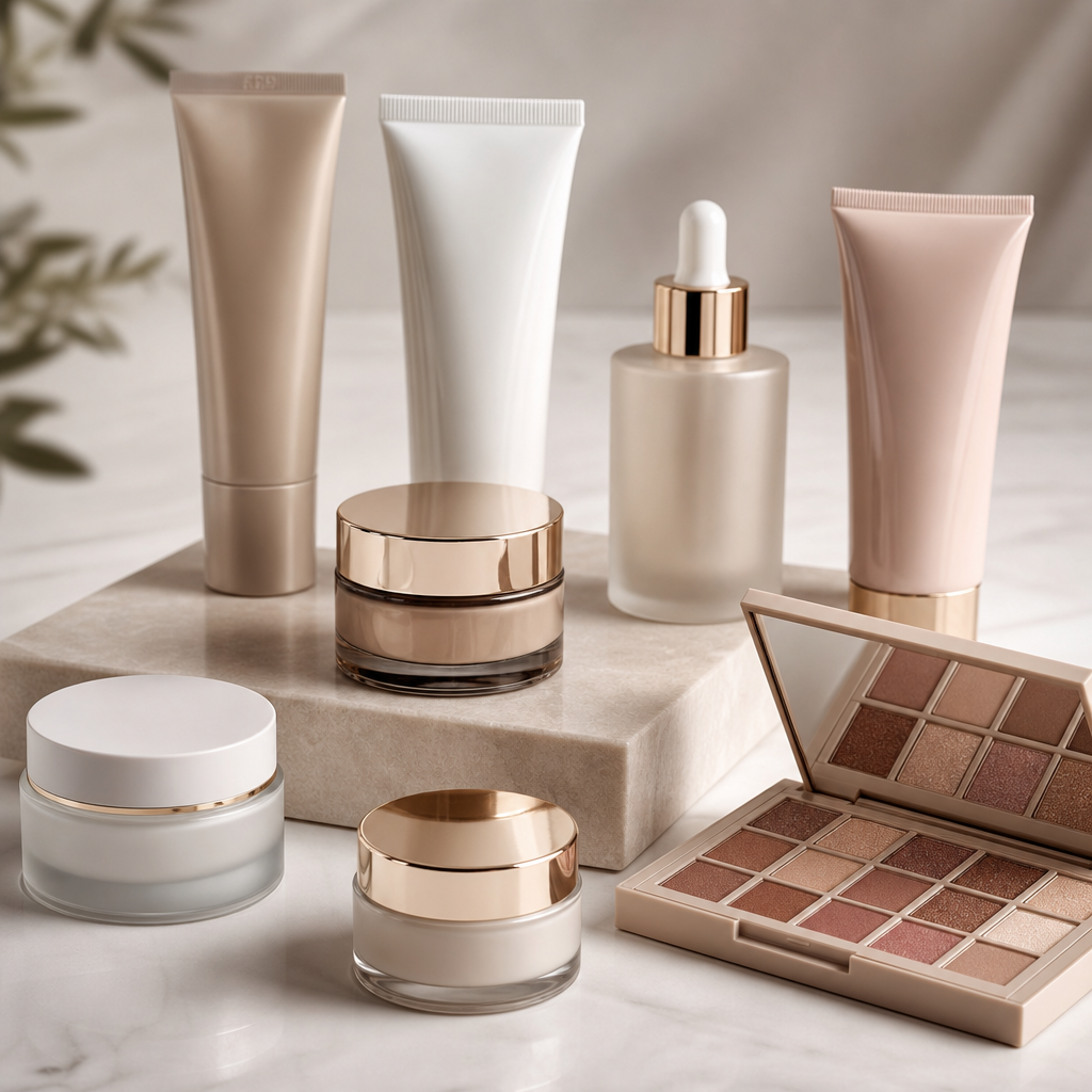 Assorted skincare jars and makeup palettes arranged on a clean studio surface