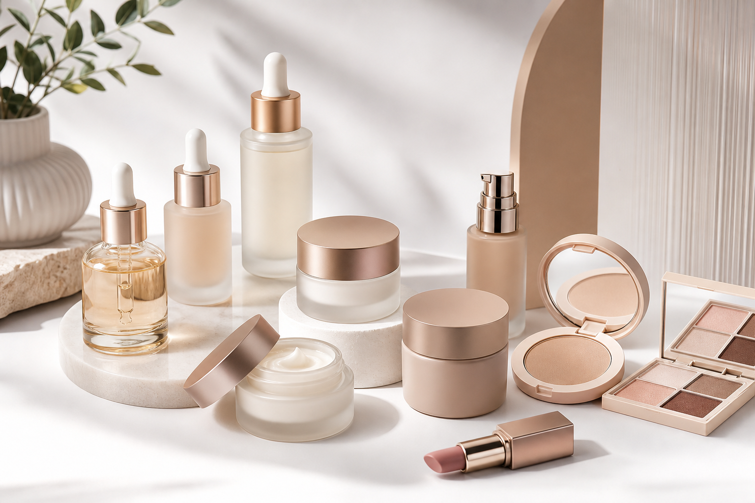 Assortment of premium skincare and makeup products arranged on a clean studio surface