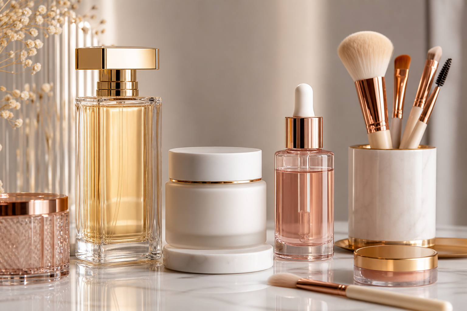 Elegant arrangement of premium perfume bottles, skincare jars, and cosmetic accessories on a clean showroom table with soft studio lighting