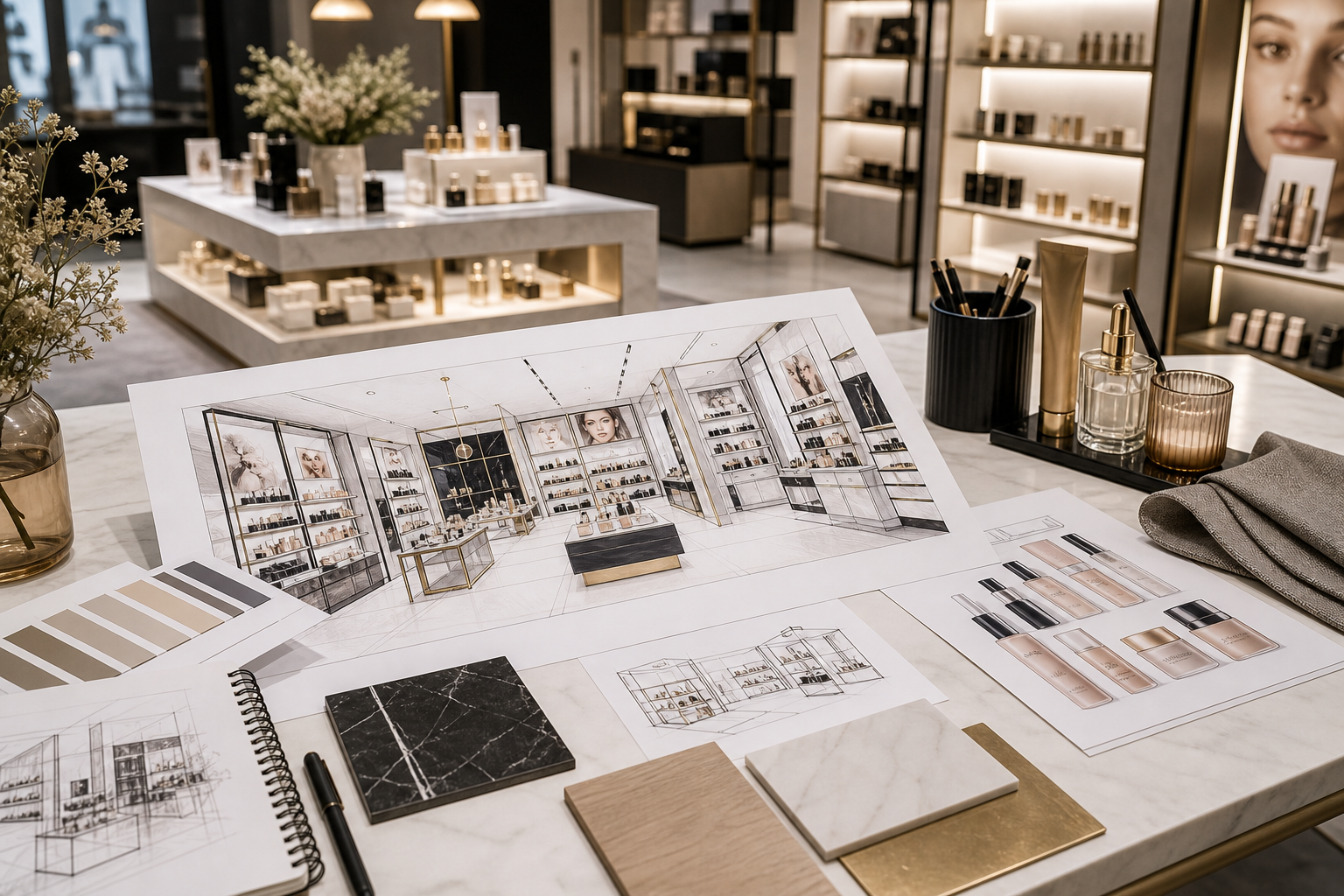 Luxury beauty store project mood board with product fixtures and cosmetics display planning