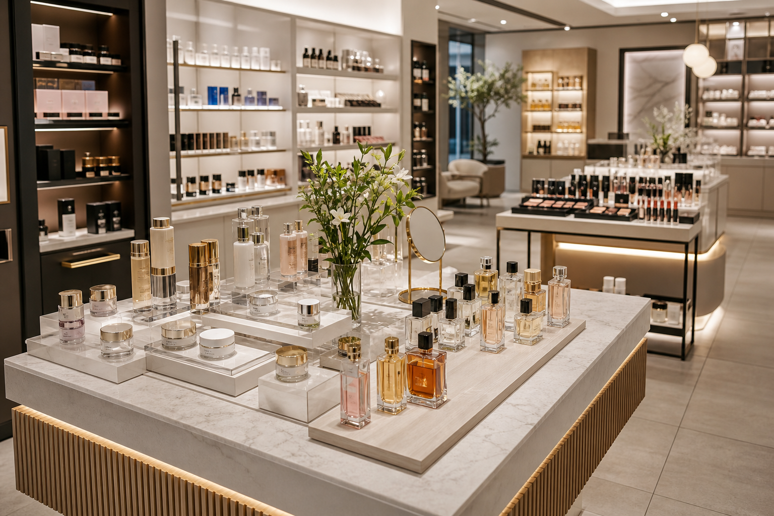 Beauty retail interior with merchandising tables displaying cosmetics and skincare, styled for a new store project