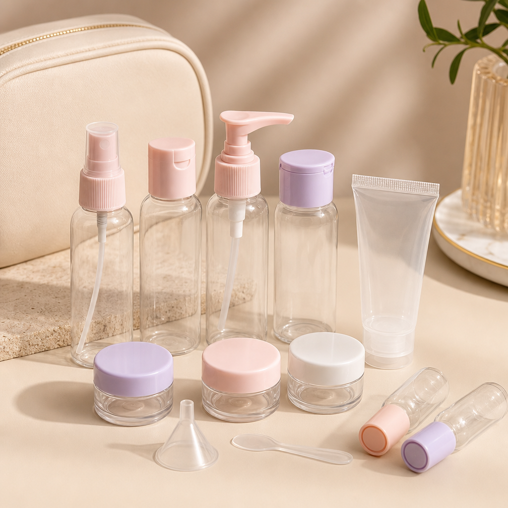 Transparent travel containers with pastel caps, neatly arranged for hotel and travel kits