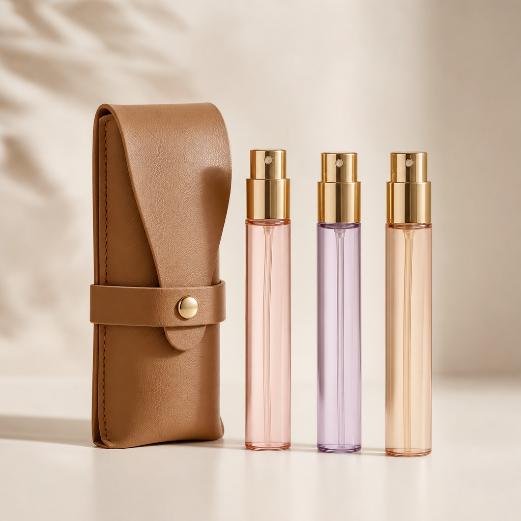 Compact travel perfume set with three slim spray vials and a leather case
