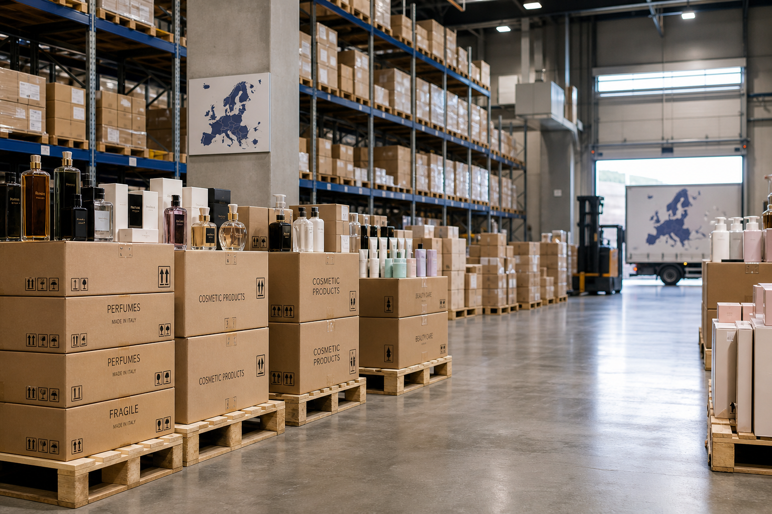 European distribution warehouse with pallets of perfume and beauty product cartons