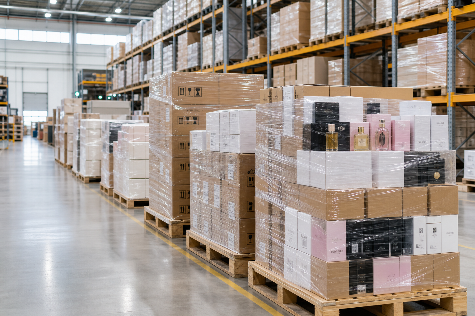 Modern warehouse scene with pallets of boxed beauty products and perfume cartons prepared for distribution