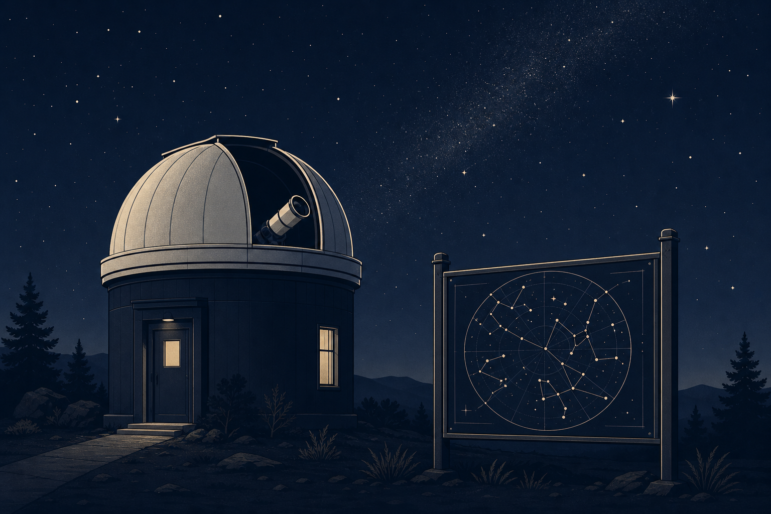 Quiet observatory and star-chart style illustration in a restrained editorial look
