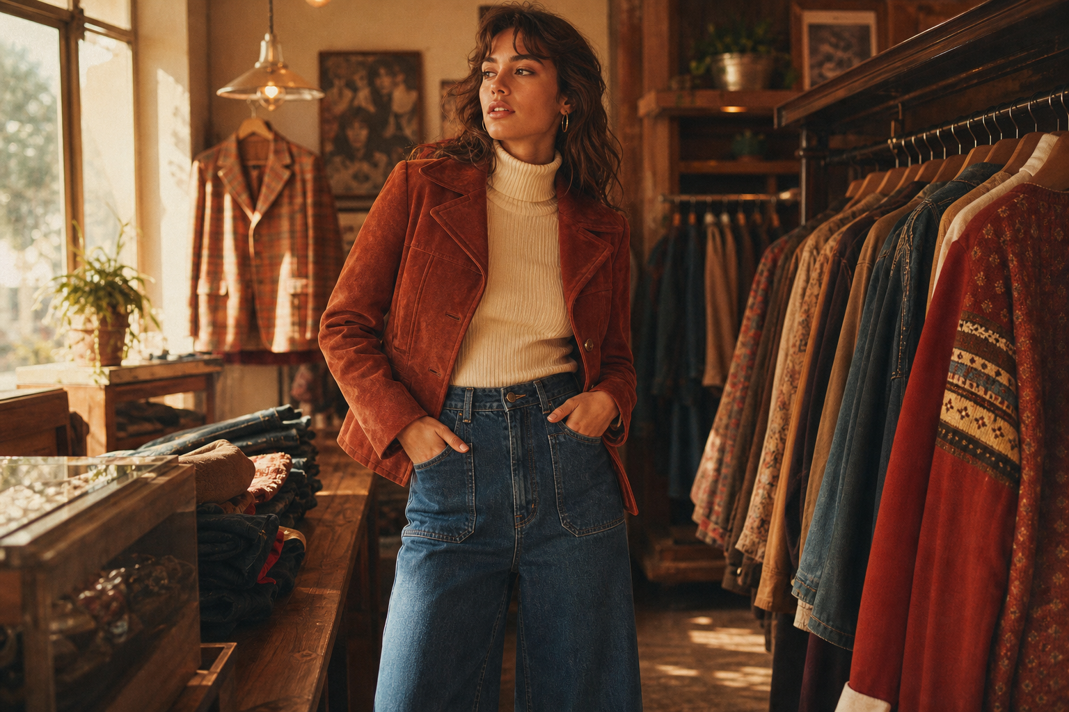 Model wearing a rust suede jacket and wide-leg denim in a sunlit vintage boutique with warm film grain.