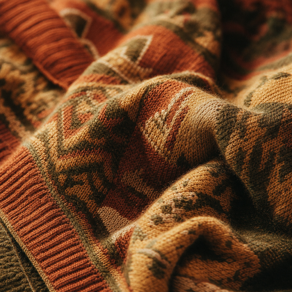 Close-up of a patterned 1980s knit with warm earth tones and visible woven texture.
