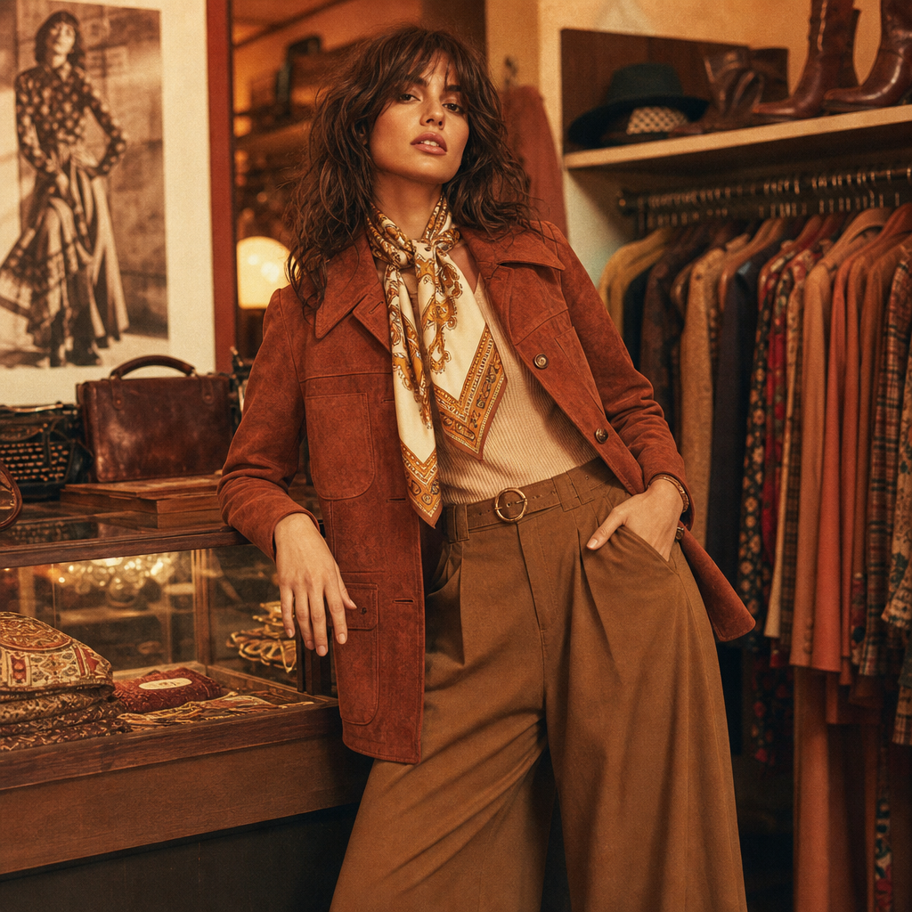 Model wearing a burnt sienna suede jacket with a patterned silk scarf, leaning against a vintage boutique display in warm film light