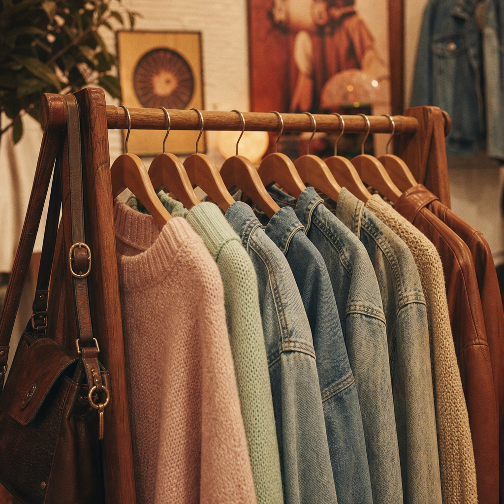 Close-up of a wooden clothing rack with pastel knitwear, denim, and leather accessories in a cozy vintage studio