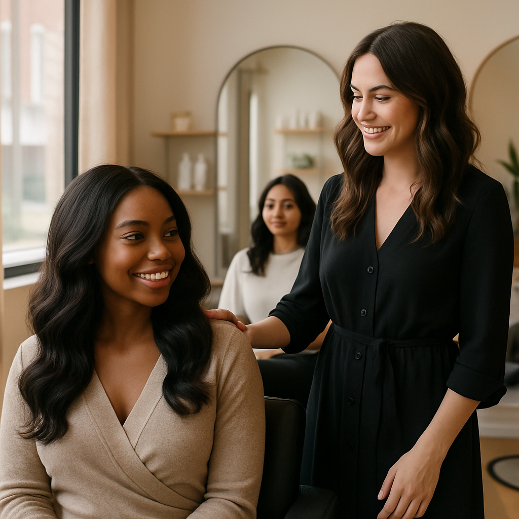 Welcoming salon interior with a stylist finishing glossy, styled hair in natural light