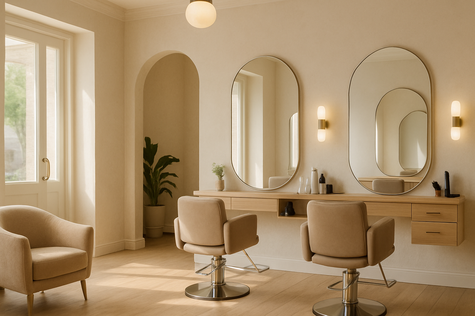 Warm and polished beauty salon entrance and styling area in Racine with natural light, mirrors, and welcoming seating