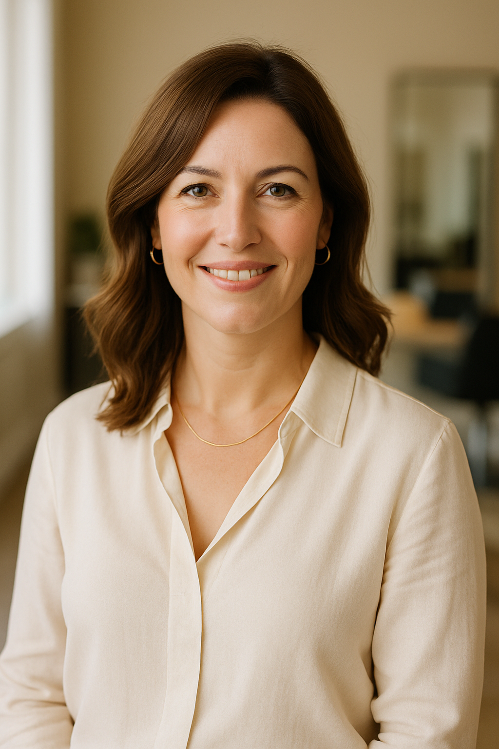 Carla Monroe, lead stylist, smiling in a modern salon with soft natural lighting