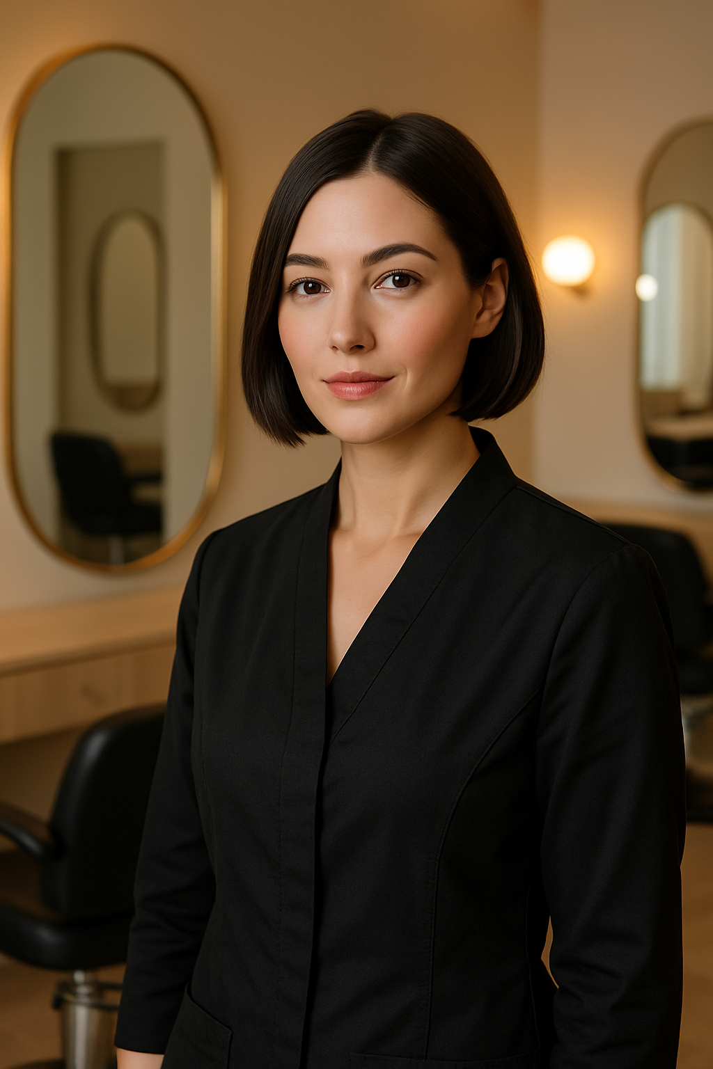 Maya Ellis, salon stylist, standing near styling chairs in a warm professional studio