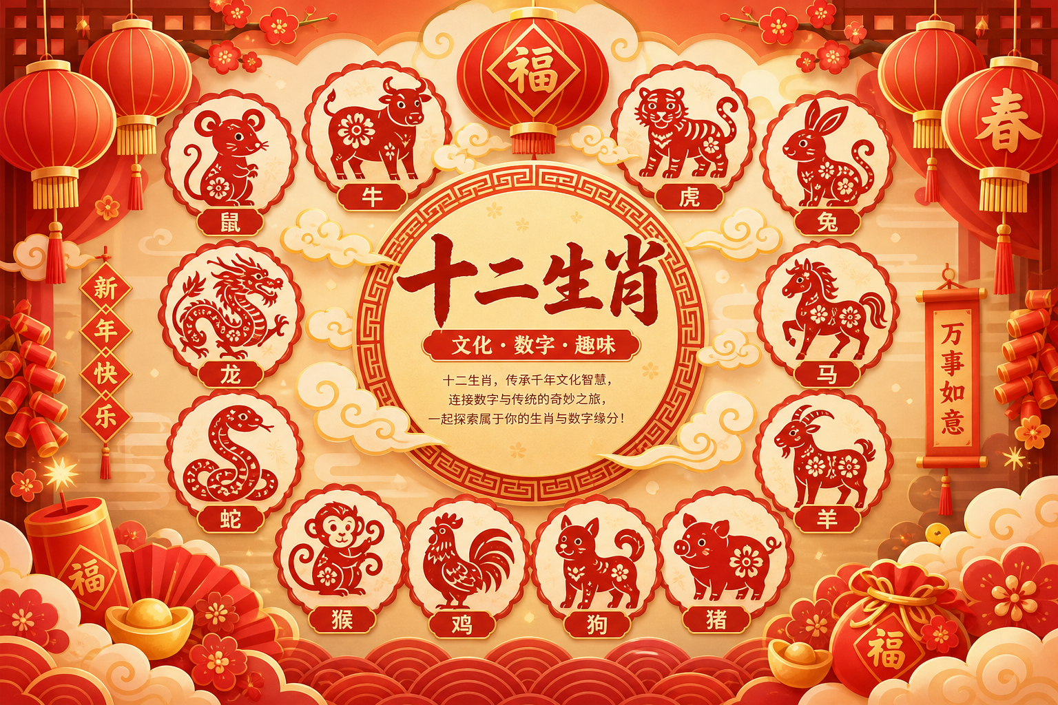 喜庆新年风格的十二生肖剪纸与祥云灯笼插画，红金配色、温暖灯光、现代扁平风