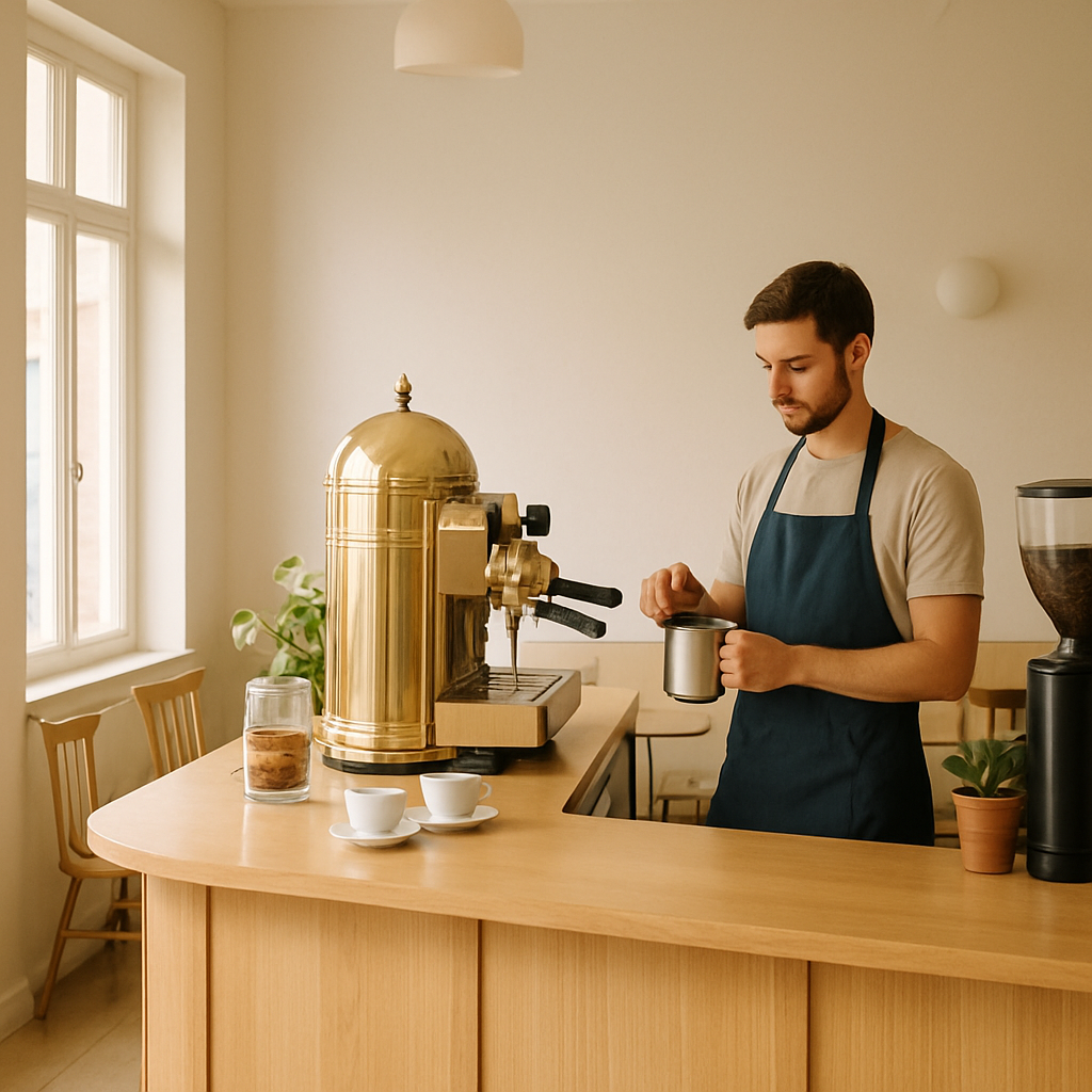 Warm interior of North Dock Coffee with light wood counter, soft morning light, and a barista preparing coffee