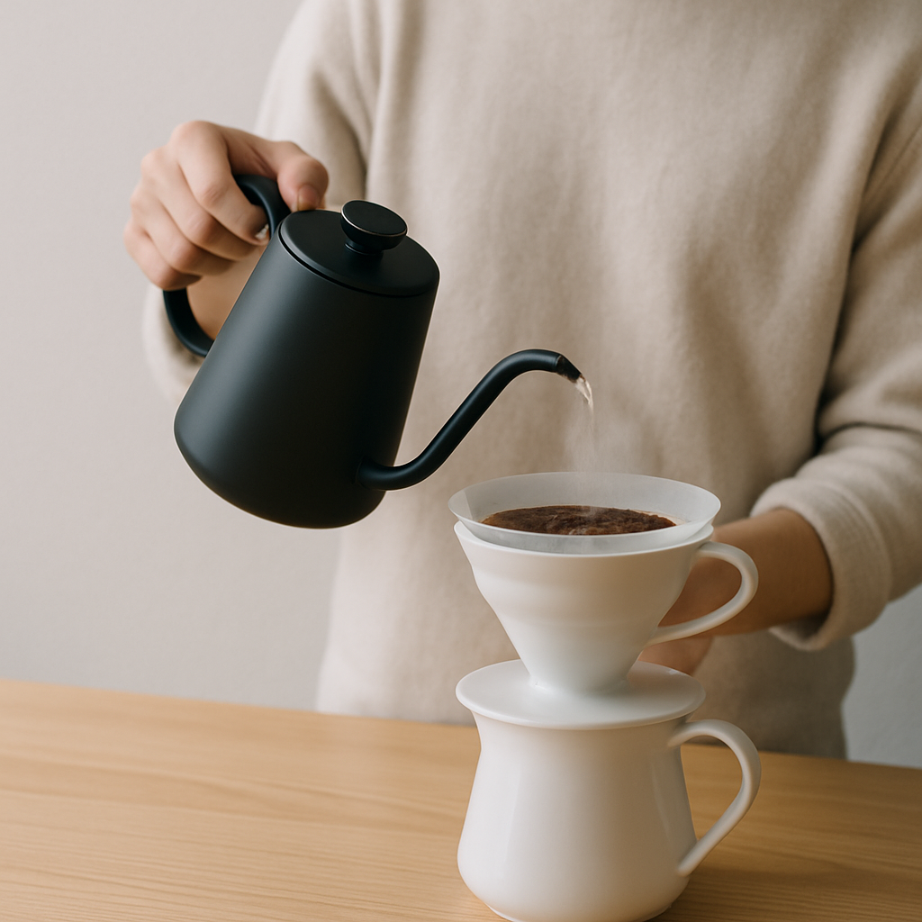 Barista hands pouring water from a gooseneck kettle over a Hario V60 filter brewer