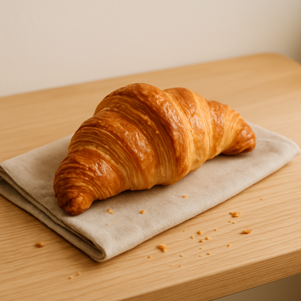 Golden flaky butter croissant on a small linen napkin atop a light oak counter