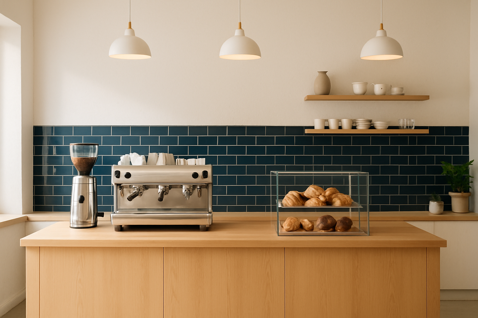 Wide view of a bright cafe counter in soft morning light with pastry display, espresso machine, and navy blue tile backsplash