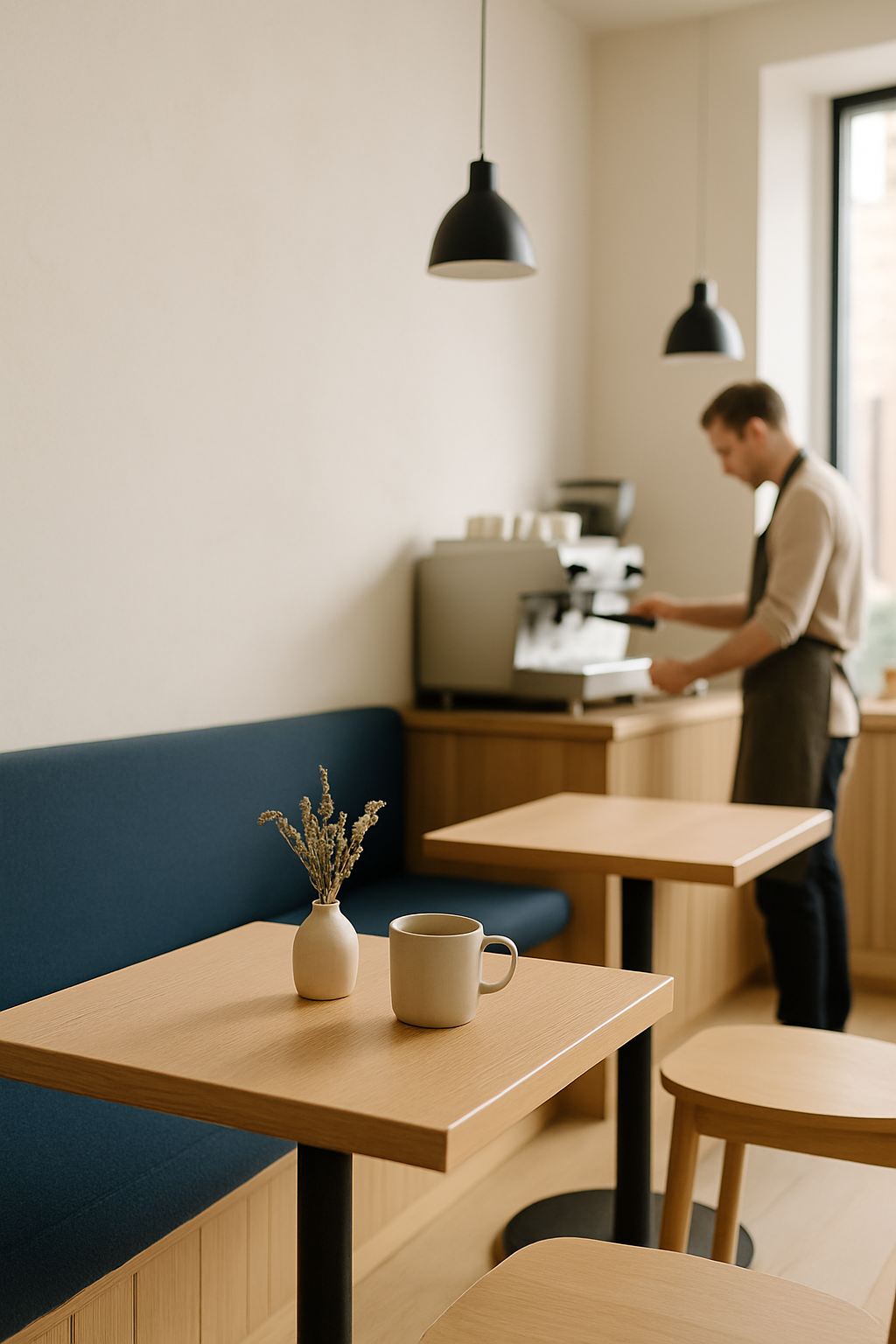 Cozy Scandinavian-style cafe interior with light wood tables, soft morning light, and a barista preparing espresso