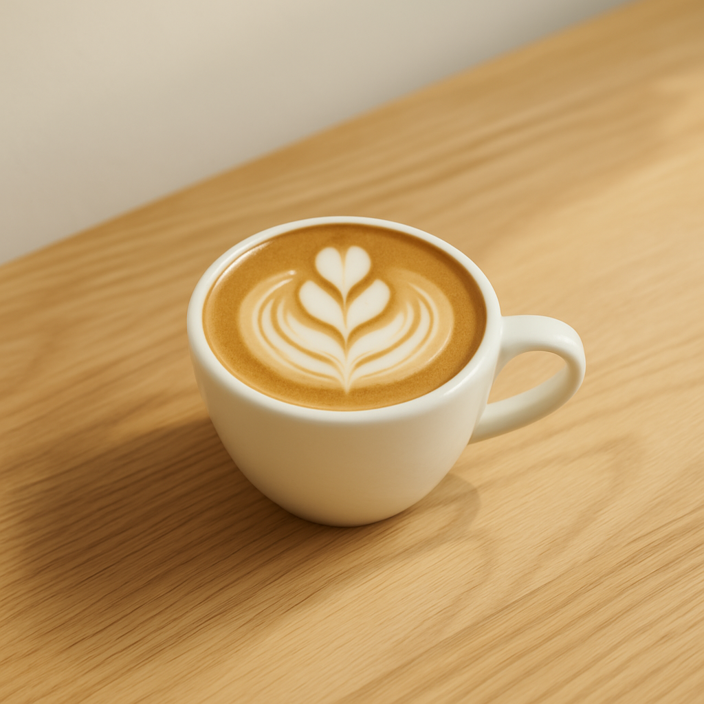 Overhead view of a cortado with delicate rosetta latte art in a small white ceramic cup