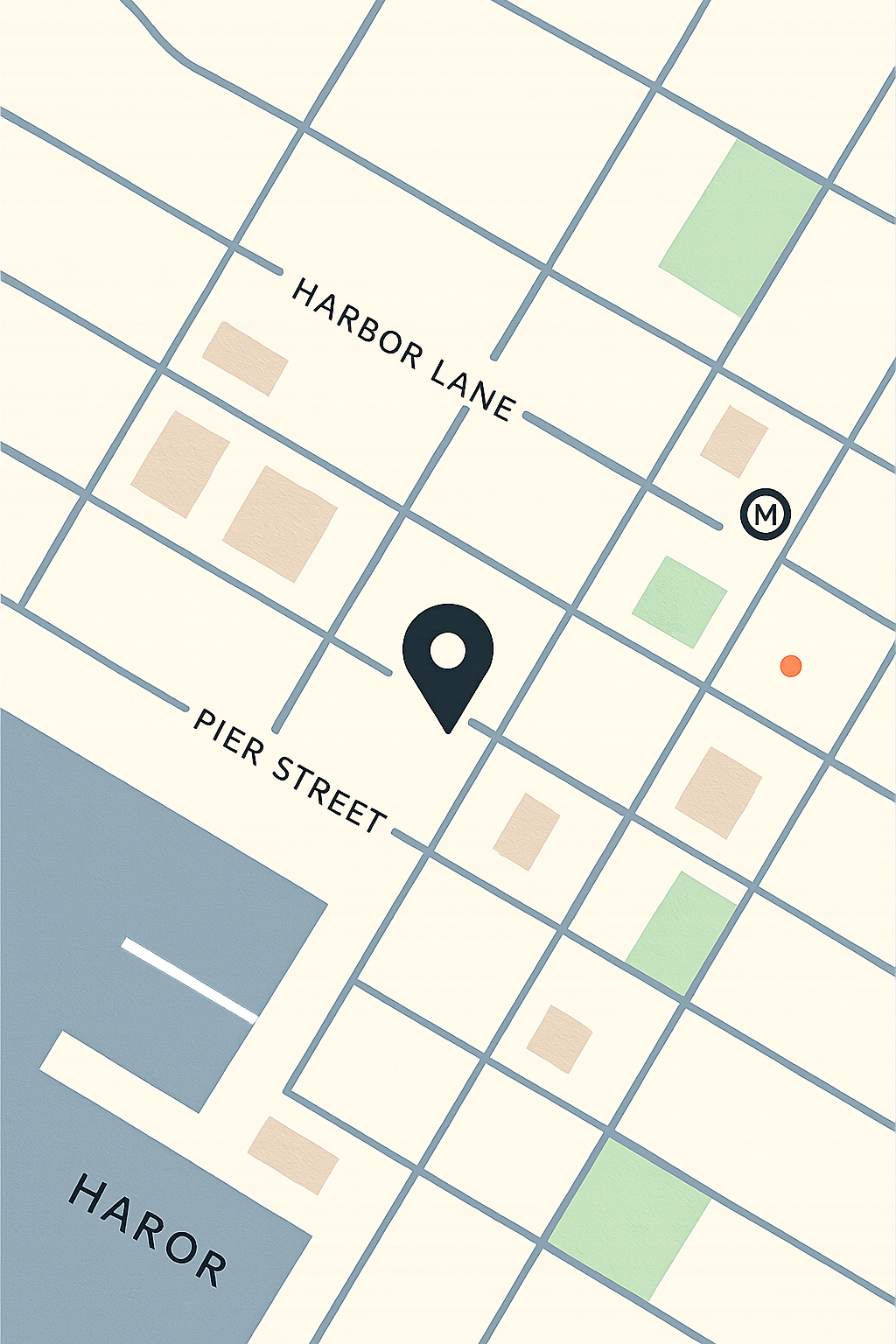 Stylized illustrated map showing North Dock Coffee location at 142 Harbor Lane in Brooklyn