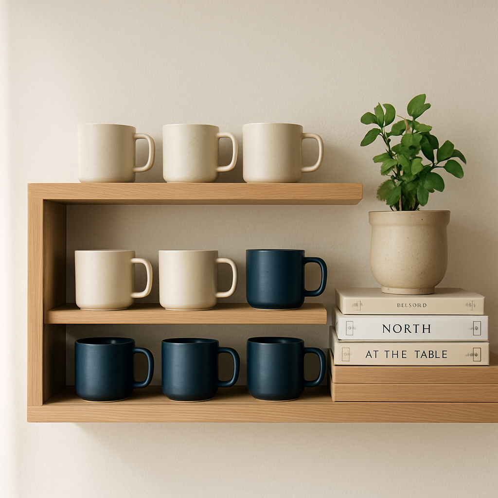 Light wooden shelf with neatly arranged stoneware mugs, a small potted plant, and a stack of cookbooks