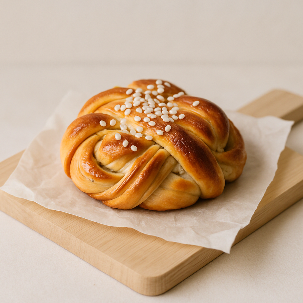 Freshly baked cardamom bun with golden swirls and pearl sugar on parchment paper