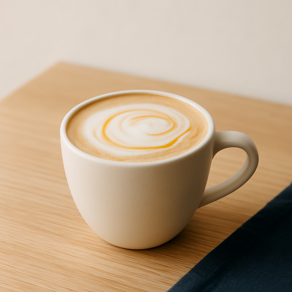 Honey oat latte in a stoneware cup with a soft milk foam swirl on a light wood table