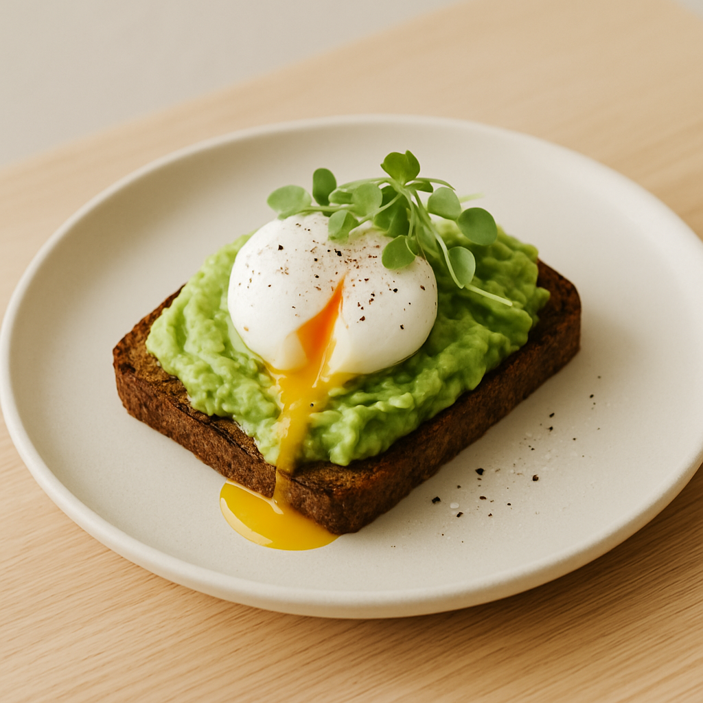 Rye toast topped with smashed avocado, soft poached egg, and microgreens on a ceramic plate