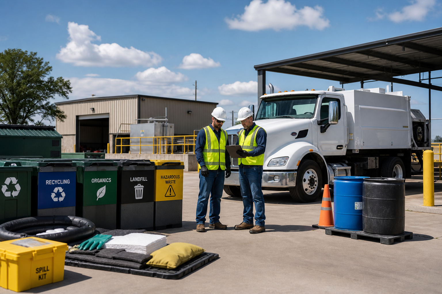 Organized industrial environmental service operation with labeled containers, workers in safety gear, and clean logistics staging