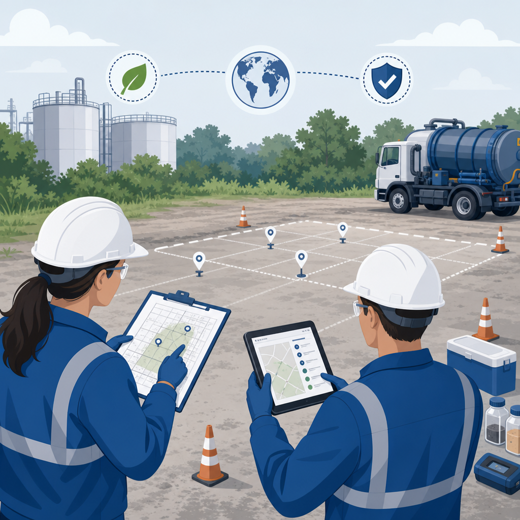 Illustration of two environmental specialists reviewing a site map with sample markers, a clipboard checklist, and controlled work-zone indicators