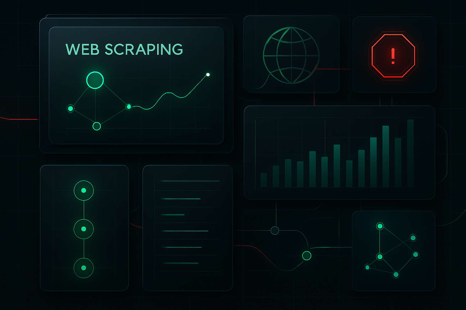 Futuristic control panel dashboard showing a web scraping pipeline with green status nodes, red alert accents, and flowing data lines in a dark UI