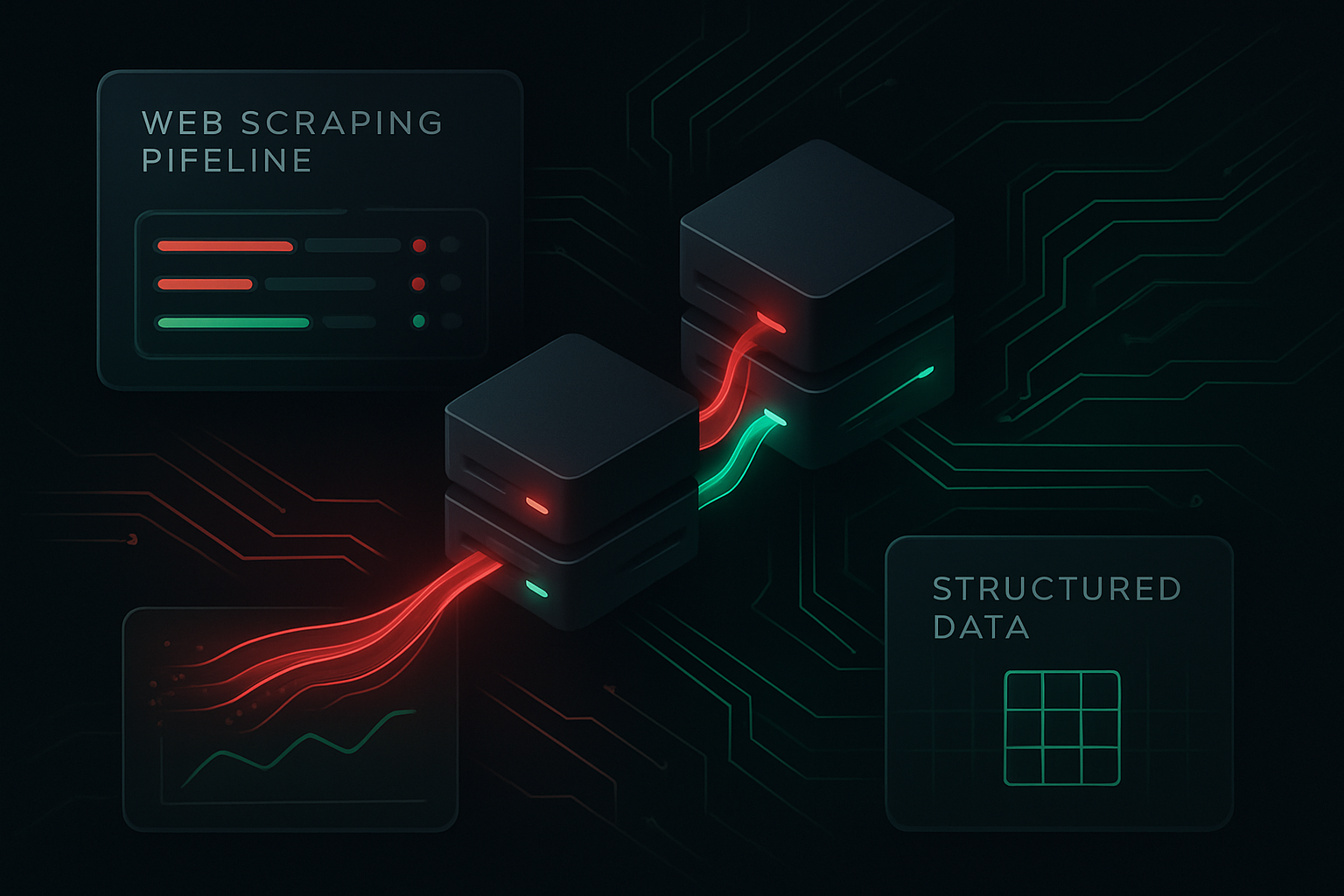 Futuristic dashboard showing a web scraping pipeline with glowing red and green data streams flowing between server nodes