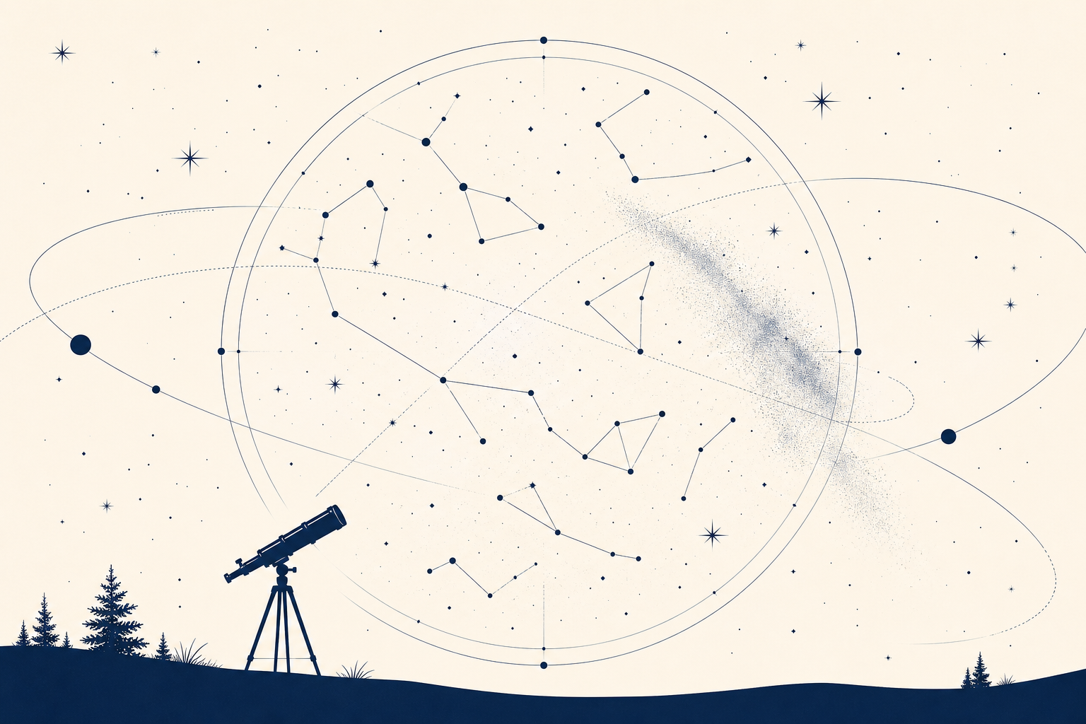 Refined celestial star map diagram with thin constellation lines, star dots, orbital arcs, and a small telescope silhouette in deep navy on a soft cream field.