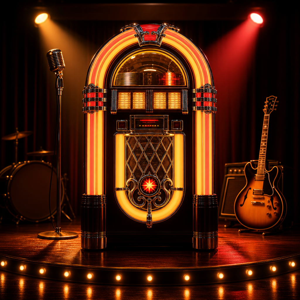 Rich Wilson performing his high-energy oldies show on a stage with warm spotlights and cheering audience