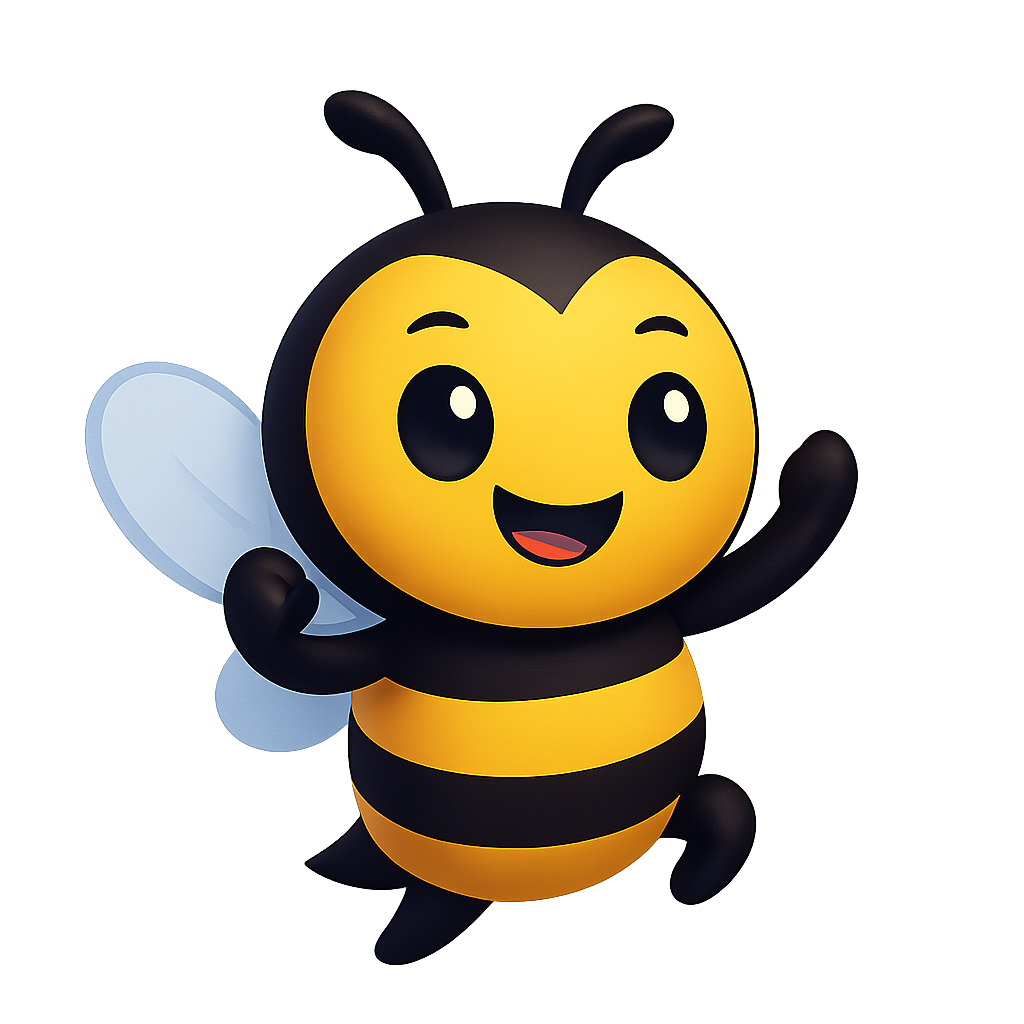 Funny anthropomorphic chibi bumblebee mascot with a rounded striped body, expressive smiling face, tiny arms, small translucent wings, and a confident celebratory pose, illustrated for a premium black presentation slide