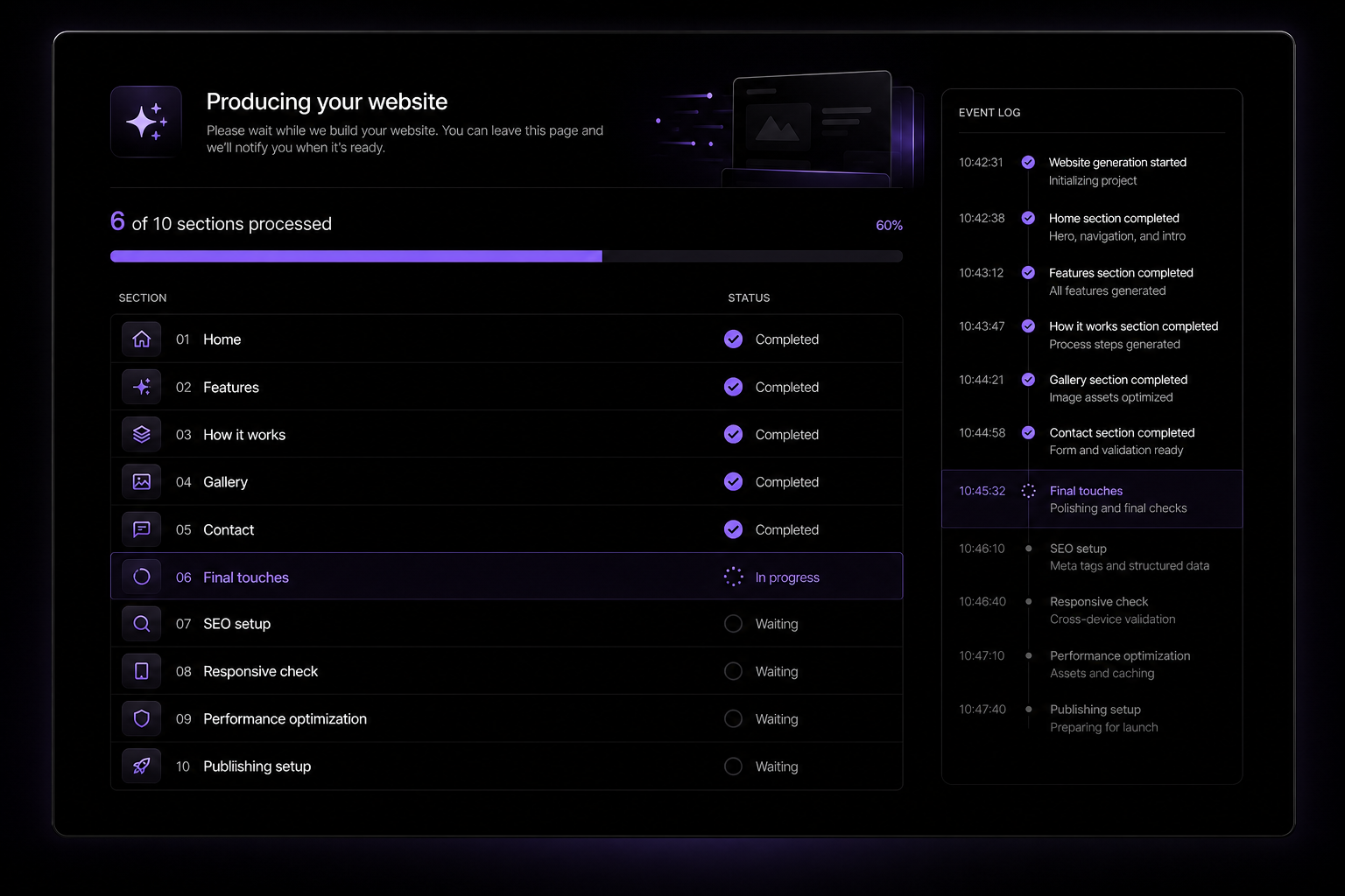 Loading screen showing 6 of 10 sections processed with completed checks and current section in progress