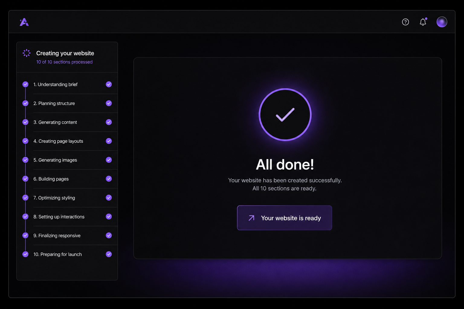 Loading screen showing 10 of 10 sections processed with final completion confirmation and handoff state
